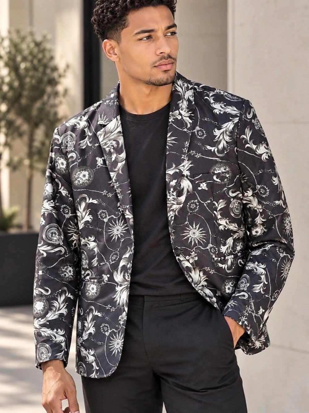 Men's Floral Sport Coat in Black & White Like New